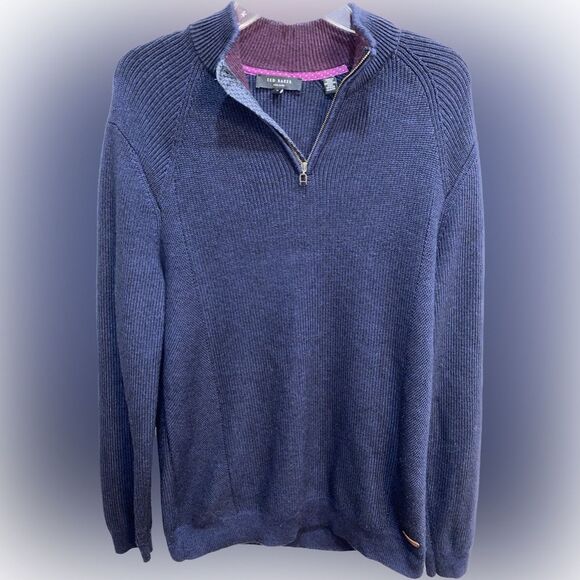 Ted Baker London Size 4 Navy Blue Knit Quarter Zip Sweater Pullover Wool Blend - Picture 1 of 5